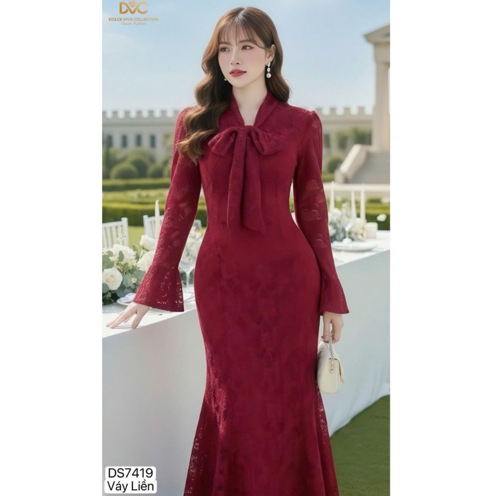 (จัดส่งทันที) DS7419 GENUINE DVC DRESS - ชุดเดรสปาร์ตี้หางปลาลูกไม้สีแดง - เดรสคอโบว์หรูหรา แฟลต