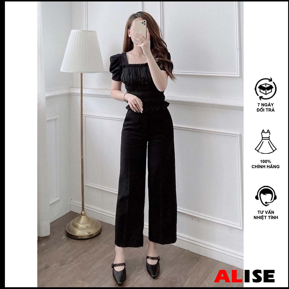 กางเกงทรงตรงซิปหน้ากางเกงชั้นในขากว้างผู้หญิงเอวสูง 2 สีขาวดําแบนสุดๆ ALISE QS23