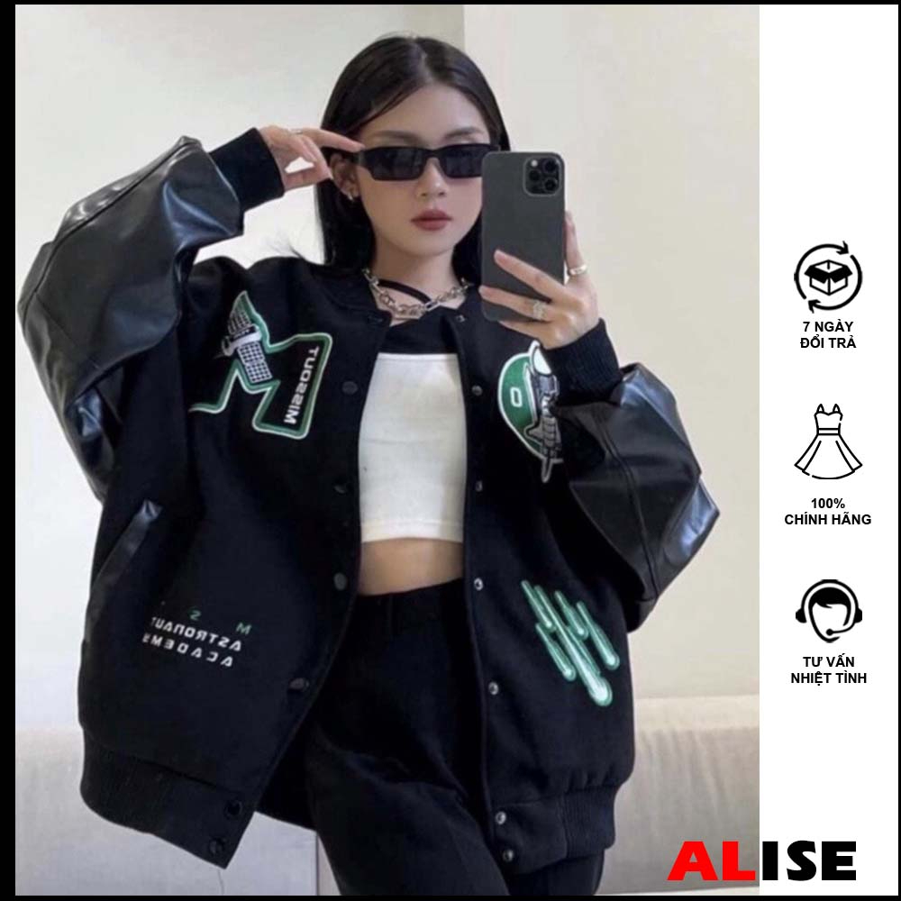 Unisex Varsity Jacket สําหรับผู้ชายและผู้หญิง รูปแบบหลวมแขนหนังขนาดใหญ่และลายปัก (รหัส 913) ALISE AK