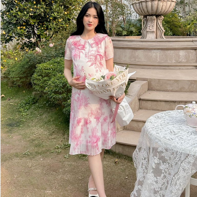 MEDYLA - ชุดเดรสคลุมท้องฤดูร้อนผ้าไหมลายดอกไม้คอปกดีไซน์หรูหราสําหรับสตรีมีครรภ์ที่จะออกไปปาร์ตี้ - 