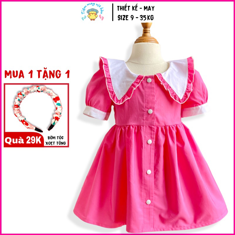[อายุ 1-12 ปี] ชุดเดรสสีชมพูคอปกลูกไม้ผ้าฝ้ายน่ารัก - ชุดเดรสดีไซน์เด็กผู้หญิง - ขนาดใหญ่ 9 - 35Kg -