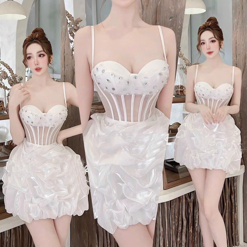 Ms1438v ชุดเดรสฟักทองสองสายขนาดเต็ม S/M/L/XL