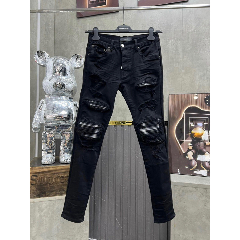 Amazing Mens Ripped Knee Biker Pants พร้อมหนังย่น 001