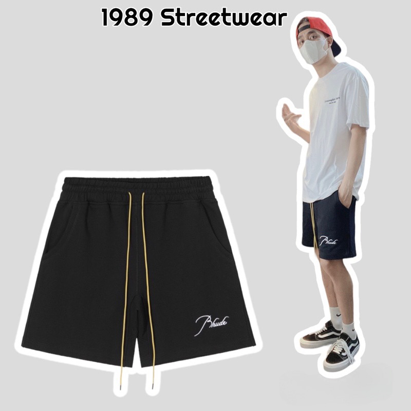 ️[คุณภาพกระจก] - Rhude SMALL LOGO COTTON JERSEY SHORTS กางเกงขาสั้นสีดํา, กางเกงขาสั้น Rhude