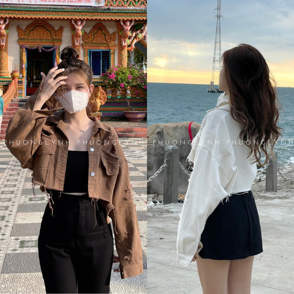 เสื้อครอปผู้หญิง เสื้อแจ็คเก็ตยีนส์แจ็คเก็ตยีนส์แขนพองผู้หญิงแจ็คเก็ตยีนส์ยาวปานกลาง PLA135 - PHUONG LYNH SHOP