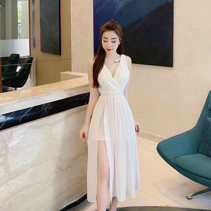 ชุดไปทะเลแฟชั่นสตรีทําจากผ้าชีฟอง2ชั้นผ่าและกระโปรงแม็กซี่แขนสามรูเซ็กซี่