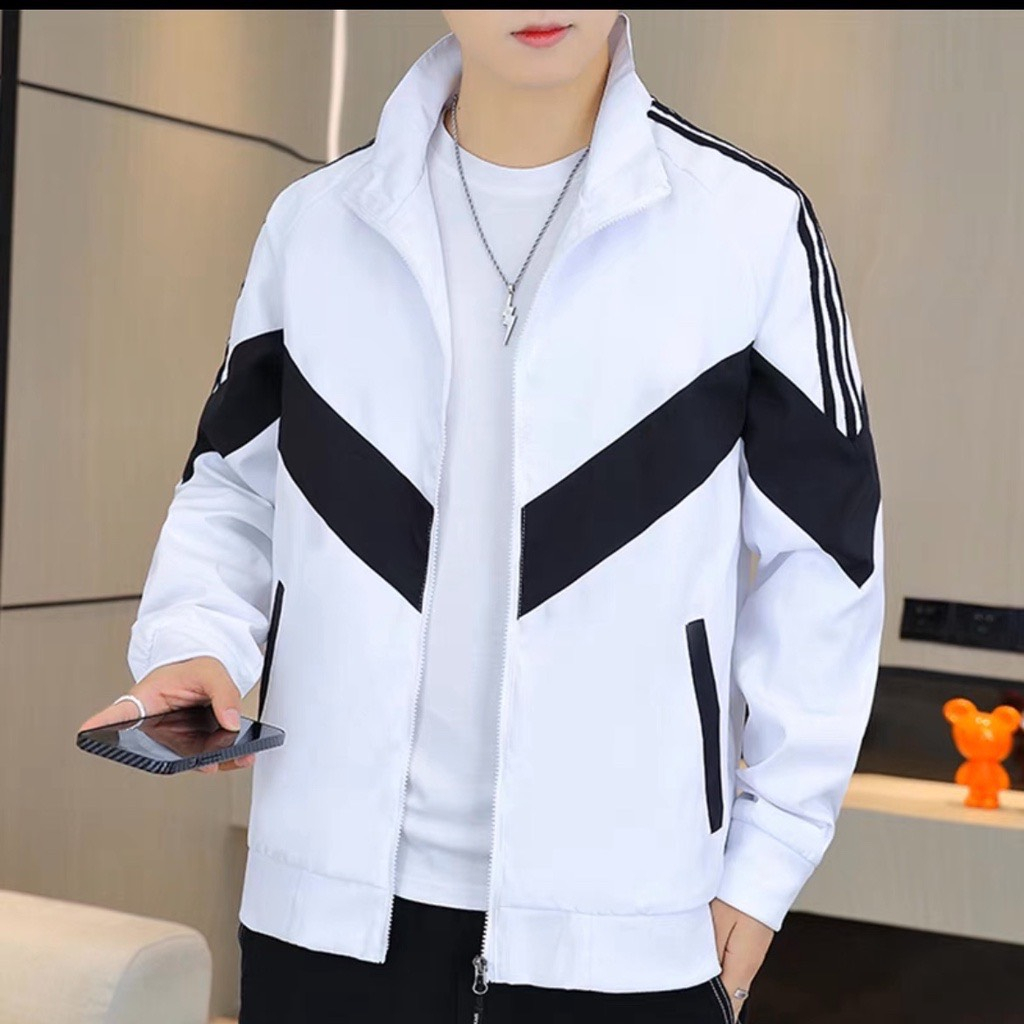 เสื้อแจ็คเก็ตแขนลายทางทรงหลวม 2 ชั้นสําหรับผู้ชายและผู้หญิงสไตล์เกาหลีวัยรุ่นและไดนามิก