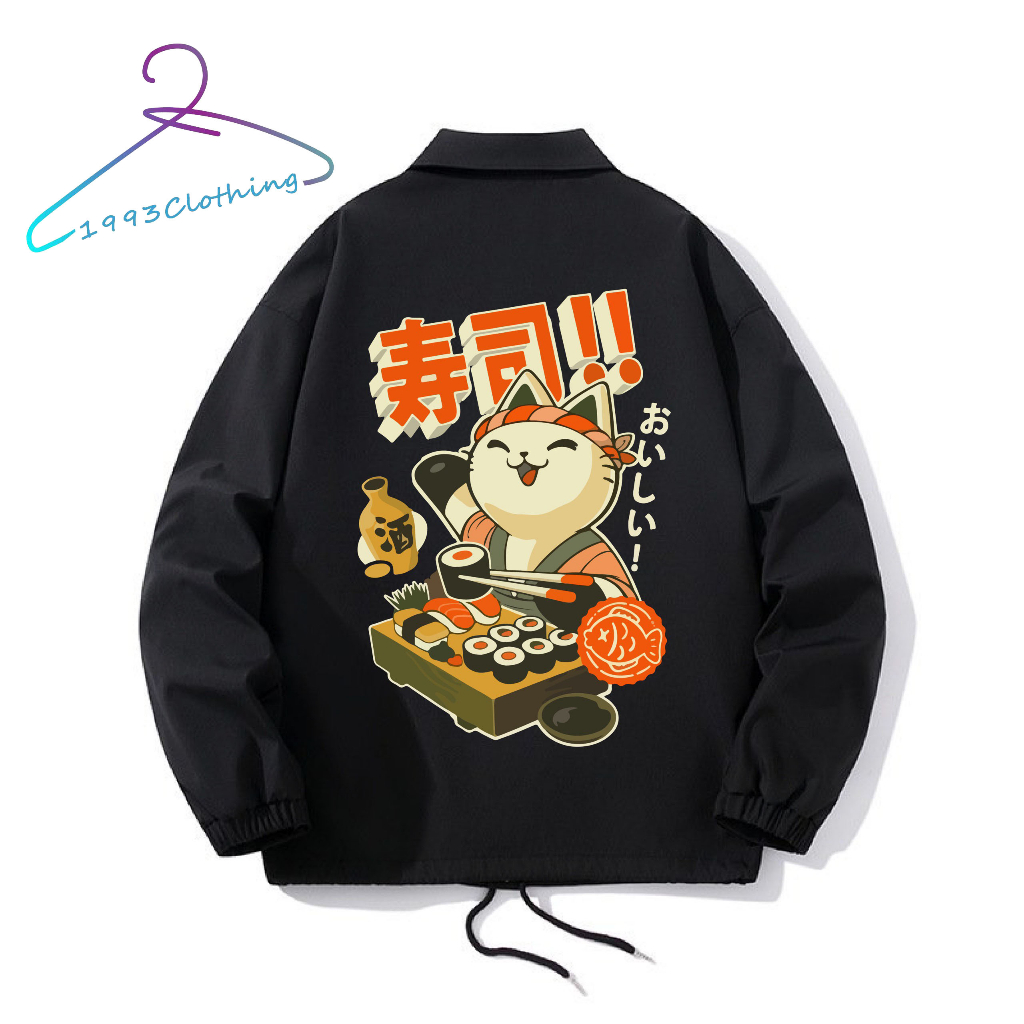 KAKI BUTTON JACKET/แจ็คเก็ตสีดําพร้อม SUSHI CAT PRINTED, ,แบรนด์ท้องถิ่น VNXK 2-LAYER SUNNY,1993CLOT