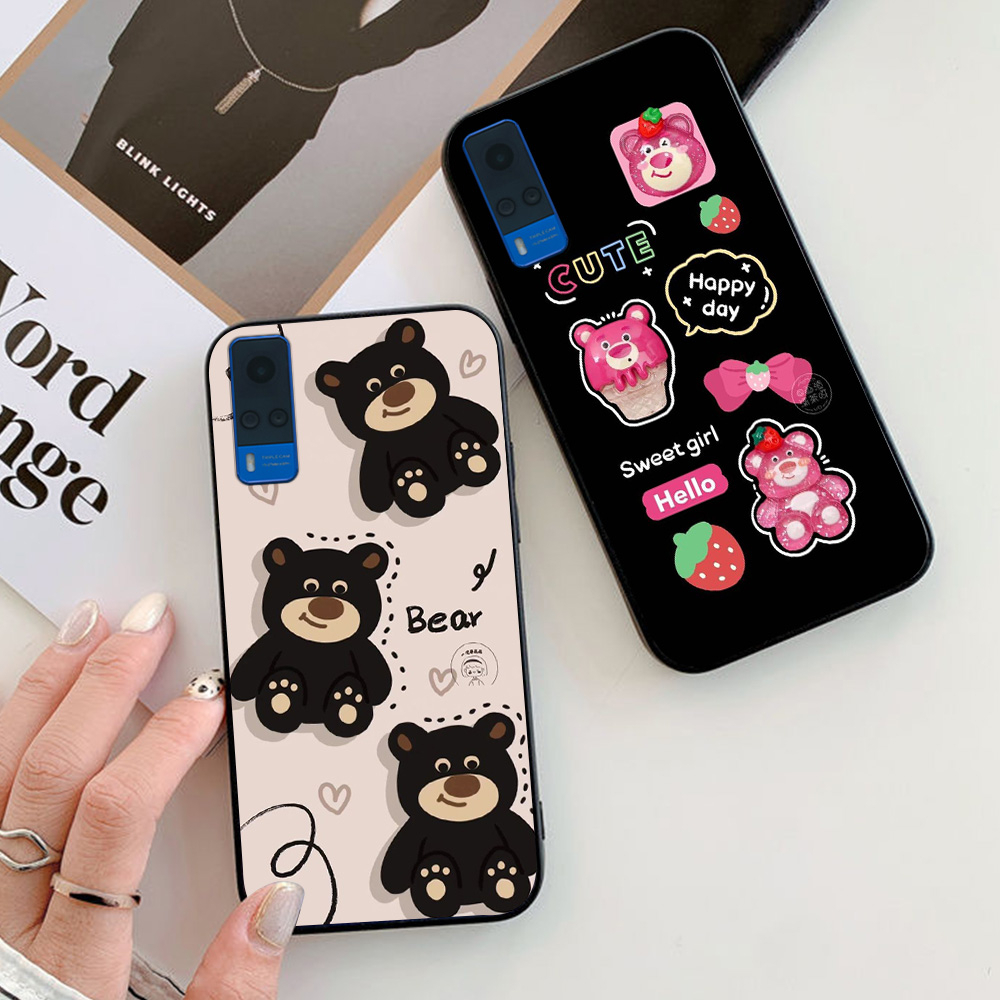 เคส Vivo y51 2020, y53s / y51 2015 พิมพ์ลายหมีสตรอเบอร์รี่และหมีดําเหมือนน้ํากลั่น