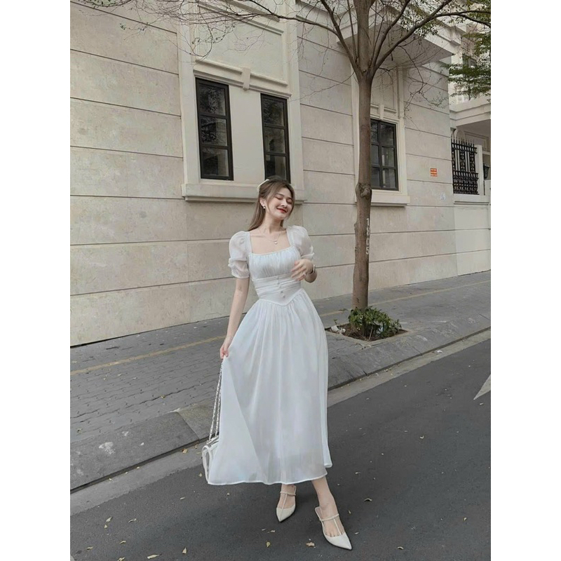 ชุดเดรสแฟชั่นผู้หญิงใส่ออกไปข้างนอกผ้าชีฟองผ้าไหมอกเสริมฟองน้ําและกระโปรงแม็กซี่ซับในคอเหลี่ยมเอวติดกระดุม