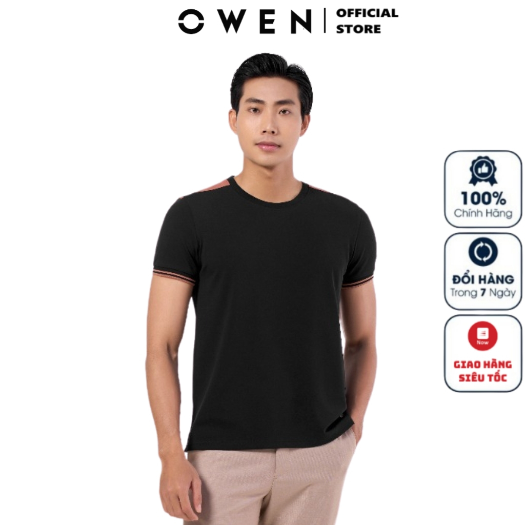 Owen TSN เสื้อยืดคอกลมแขนสั้นผู้ชาย231462 เสื้อยืด สีดําล้วน ผ้าคอตตอนโมดอลบางเบา เท่ๆ คุณภาพสูง ทรง