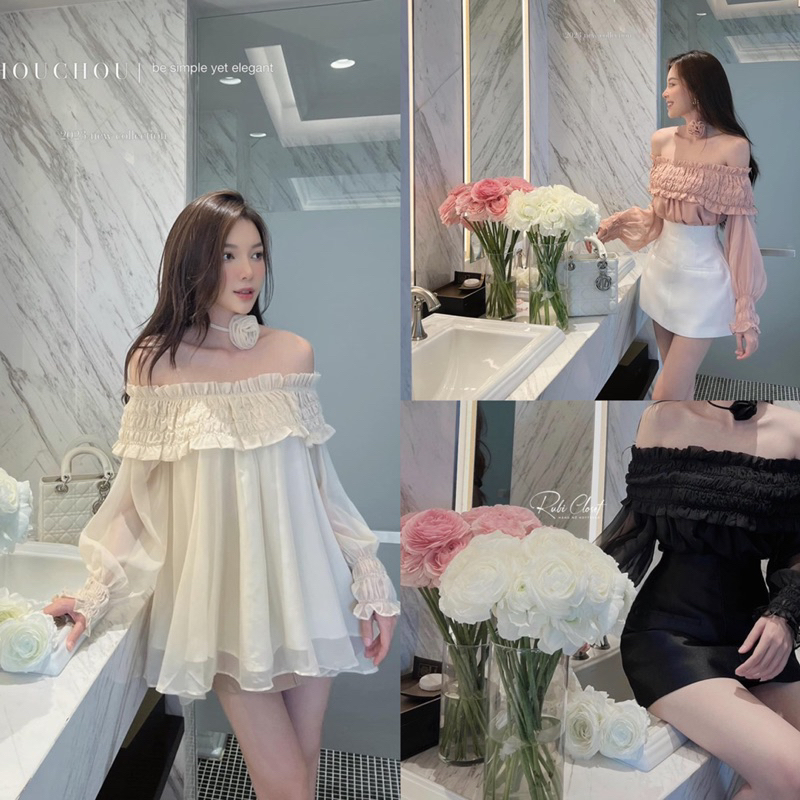[ส2.145] (รายการ ล1) ชุดเสื้อเปิดไหล่สายดอกไม้ผสมกระโปรง แทคต้า มีซับในกางเกง 2 ชั้นพร้อมรูปถ่ายจริง