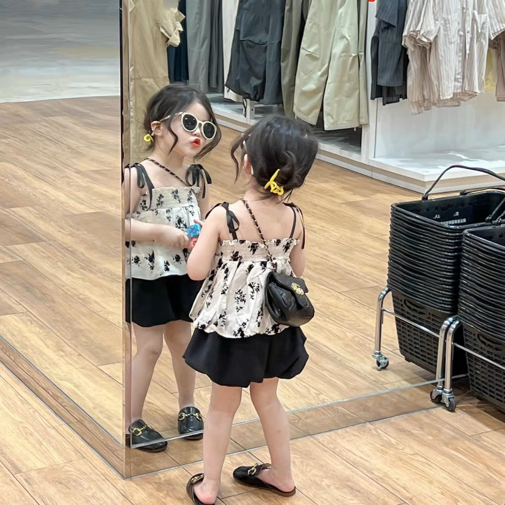 เสื้อผ้าเด็กผู้หญิง-ชุดเสื้อลายดอกไม้2ชิ้นเด็กน่ารักพร้อมหน้าอกก้อนสําหรับเด็ก1-8ปี