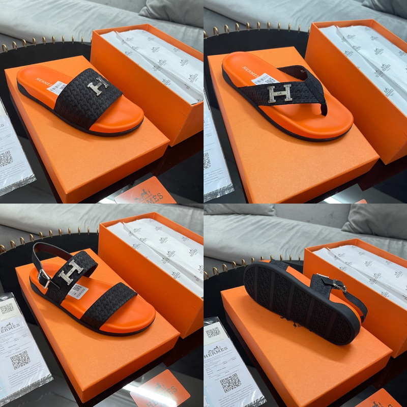 รองเท้าแตะ Hermes สําหรับผู้ชายและผู้หญิง รองเท้าแตะรูปตัว H สายหนังนูน สินค้าระดับไฮเอนด์ กล่องสวยง