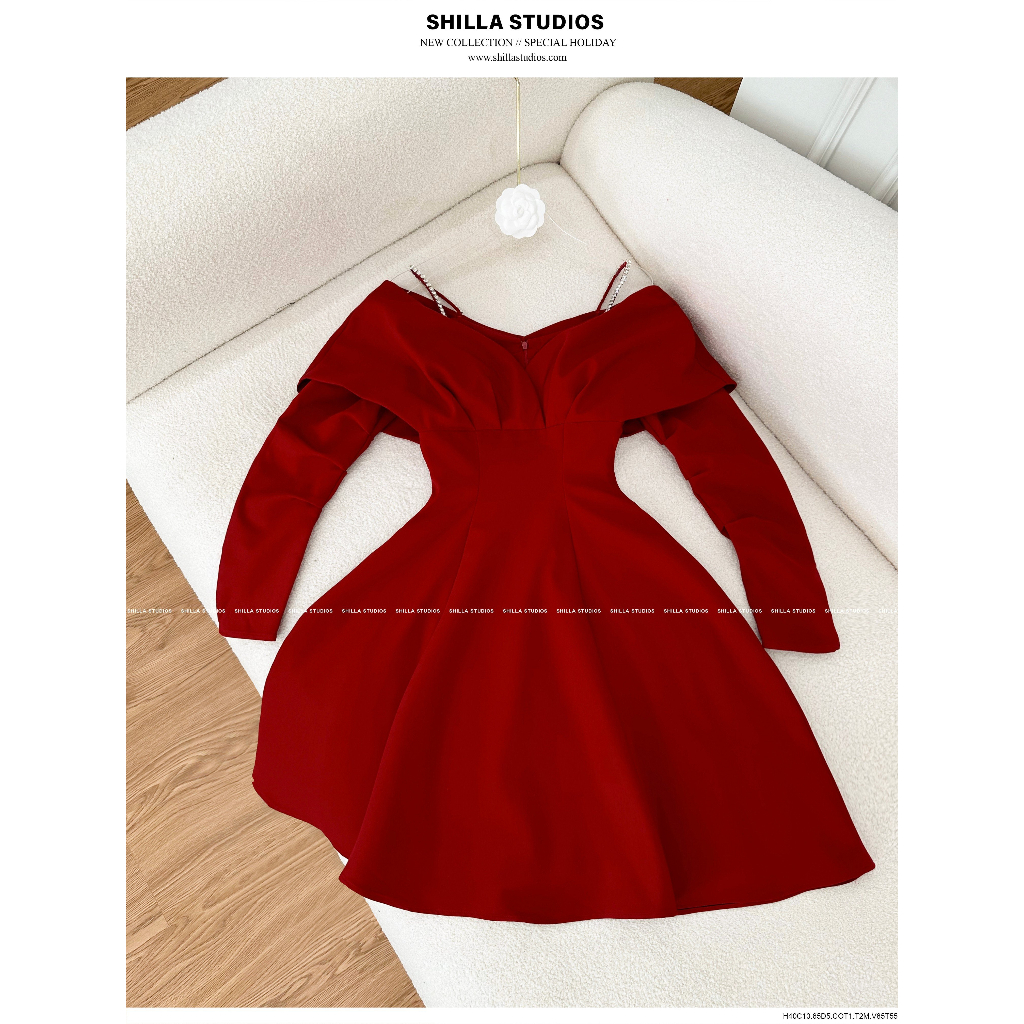 ชุดเดรสดีไซน์เนอร์แขนยาวสีแดงหรูหรา [รูปถ่ายจริง] The Shilla-SCG.H40C10.65D5คอท1.T2M - สีแดง