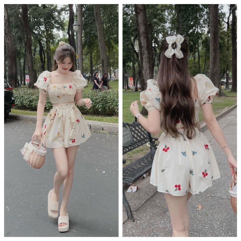 ผ้าไหมลายดอกน้อย ชุด รวมเสื้อแขนพองผู้หญิงรวมกับกางเกงขากว้างผูกโบว์ มาแรงสุดๆ ตามภาพ ใส่ปิกนิก