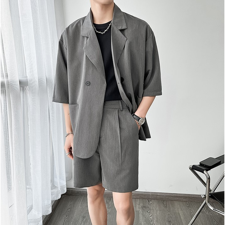 TMAXCLOOTSS เบลเซอร์แขนสั้น เสื้อกั๊กแขนสั้นสองปุ่ม ทรงหลวม Unisex ผ้าเย็น TM-2303