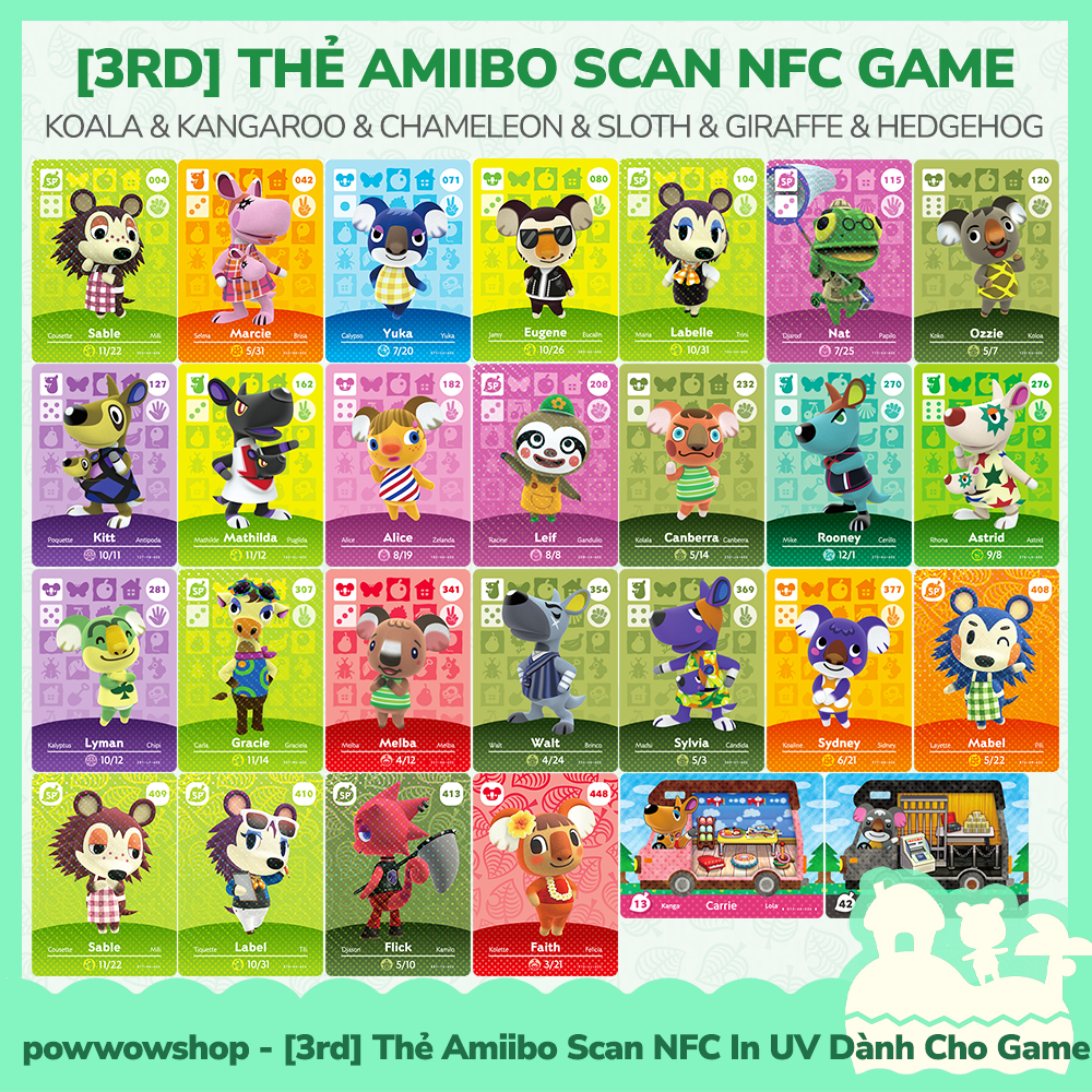 [ Available Vn - Express ] 3rd Amiibo Scan NFC Koala &amp; Kangaroo &amp; Chameleon &amp; Sloth &amp; Hedgehog เกม Animal Crossing Nintendo Card