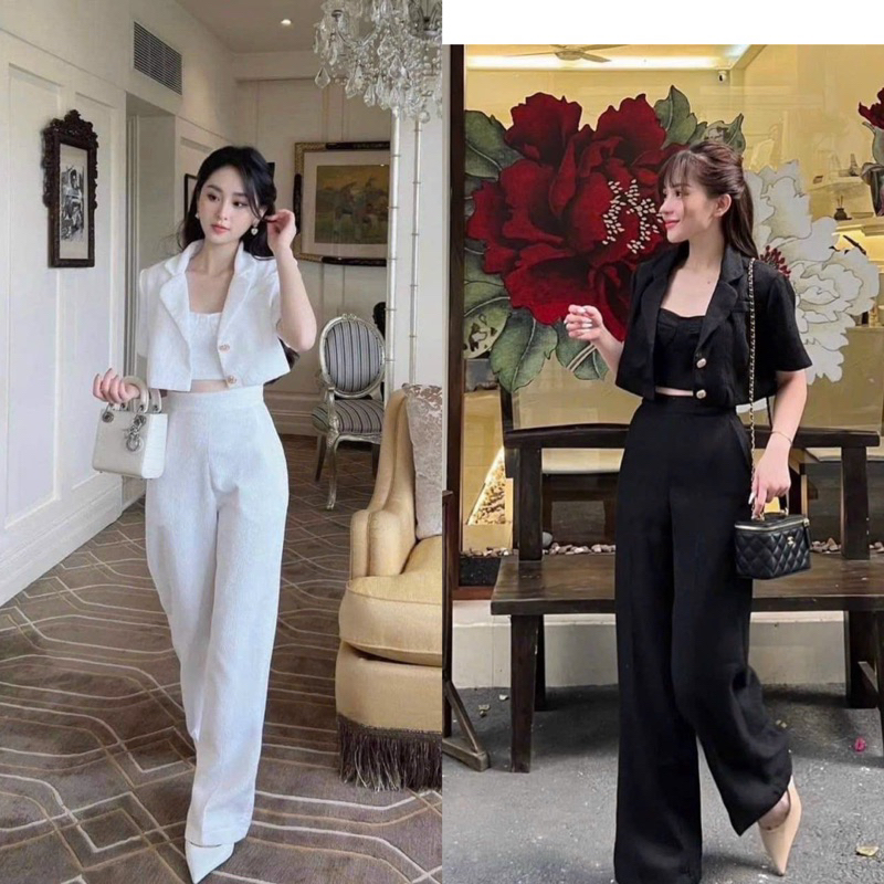 ชุดแฟชั่นสตรีสําหรับออกไปข้างนอกผ้าฝ้ายเย็นเสื้อกั๊กเสื้อครอปสีดําและสีขาวมีซับในและกางเกงขายาวทรงตรง