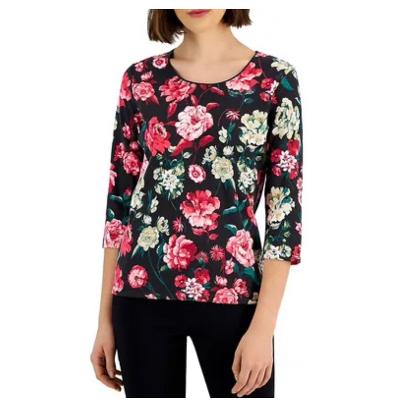 [สหรัฐอเมริกาผลิตภัณฑ์] KAREN SCOTT - FLOWER PRINTED LONG SLEEVE T-SHIRT สําหรับผู้หญิง