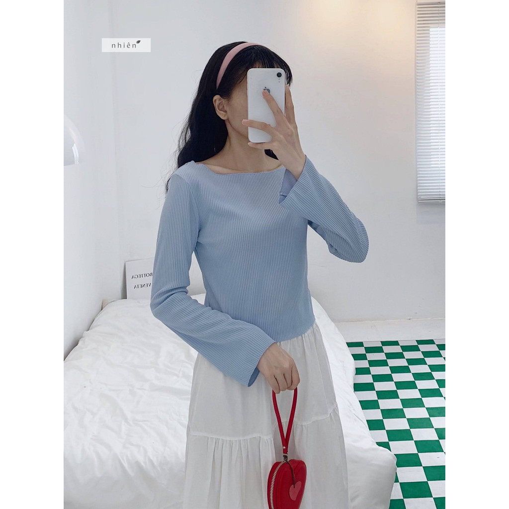Marzus Top – เสื้อยืดสีพื้น เสื้อยืดแขนยาวผู้หญิง NHIENVINTAGE NAT00005 ราคา ถูกที่สุด ดีลบีเคเค แกลเลอรีภาพที่ 5