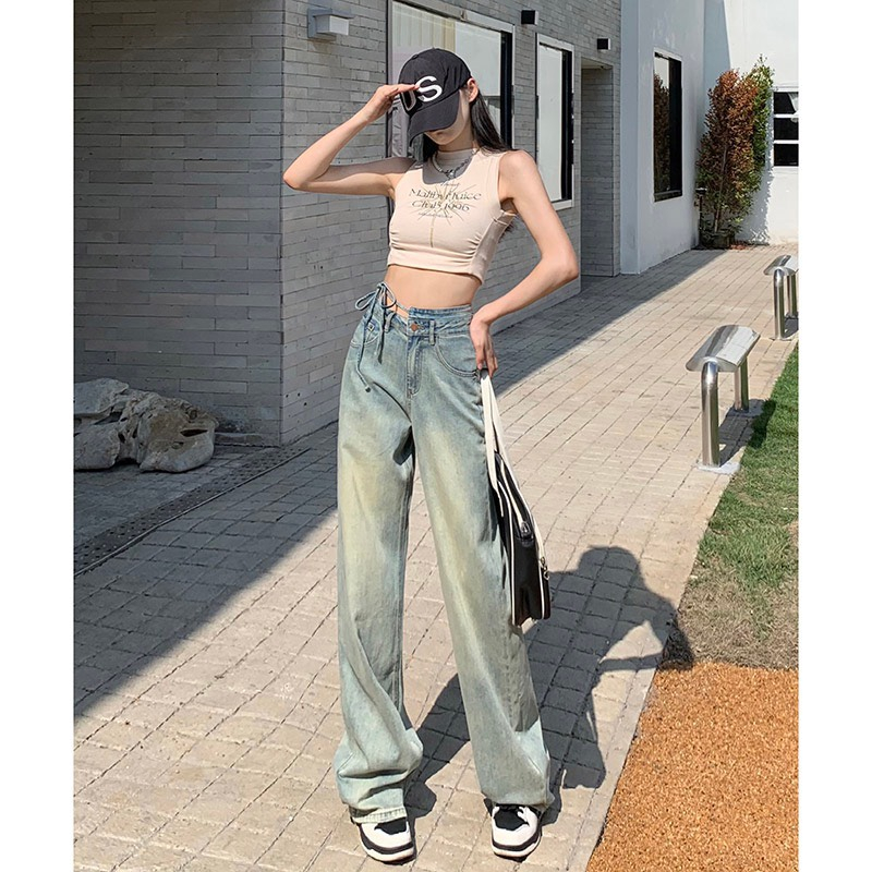 [ใหม่] Y2K COLOR HIGH-WRIST WIDE-TUBE DENIM JEANS IN SIZE XS XL (ภาพจริง)