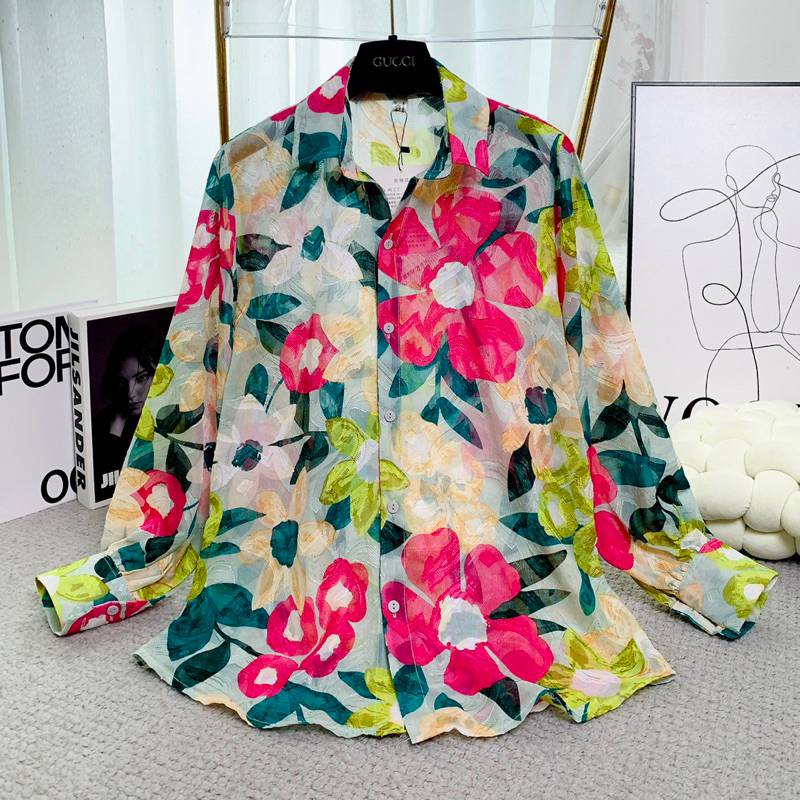 เสื้อเชิ้ตแขนพัฟแขนยาวผู้หญิงเสื้อเชิ้ตเกาหลี ผ้าชีฟองลายนูน สีแฟชั่น มีถึง 75กิโลกรัม