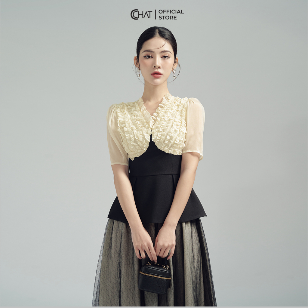 เสื้อผู้หญิง V คอ Ruffled Peplum Bodice Soft Welded Tutsi 53ANS8002PT