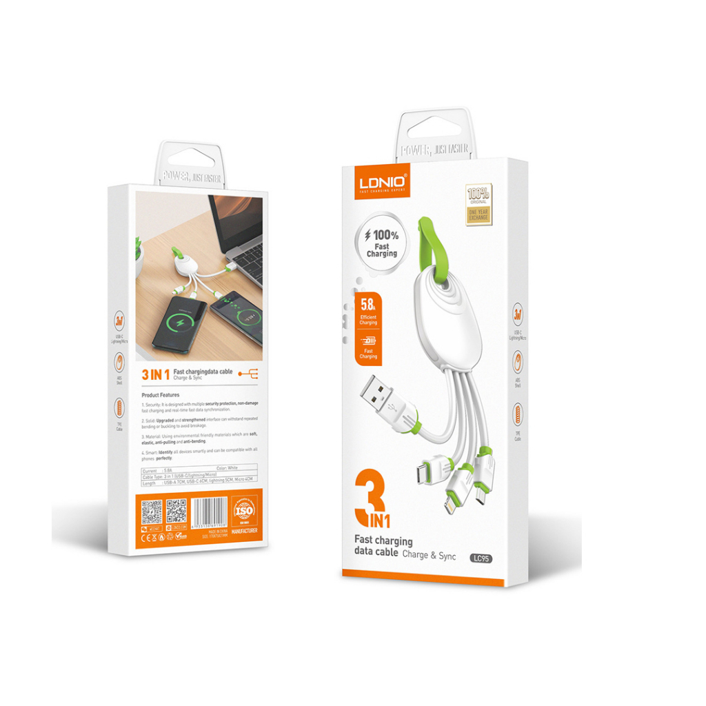 3 IN 1 สายชาร์จโทรศัพท์ USB OUT PORT 3 PORTS TYPE-C/AI PHO/MICRO LC95 LDNIO