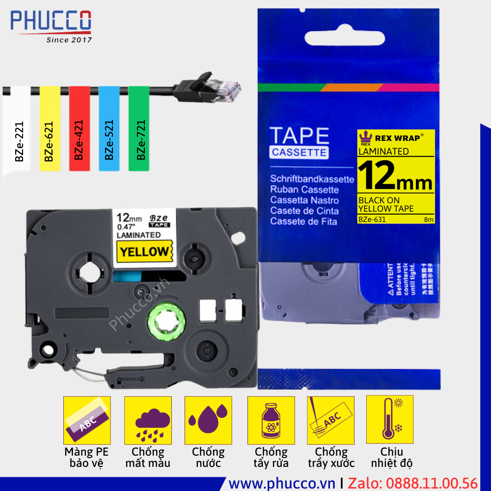 กระดาษพิมพ์ฉลาก - ป้ายพิมพ์ BZe-631 (TZe-631, TZ2-631, HZe) 12mm x 8m ข้อความสีดําบนพื้นหลังสีเหลือง