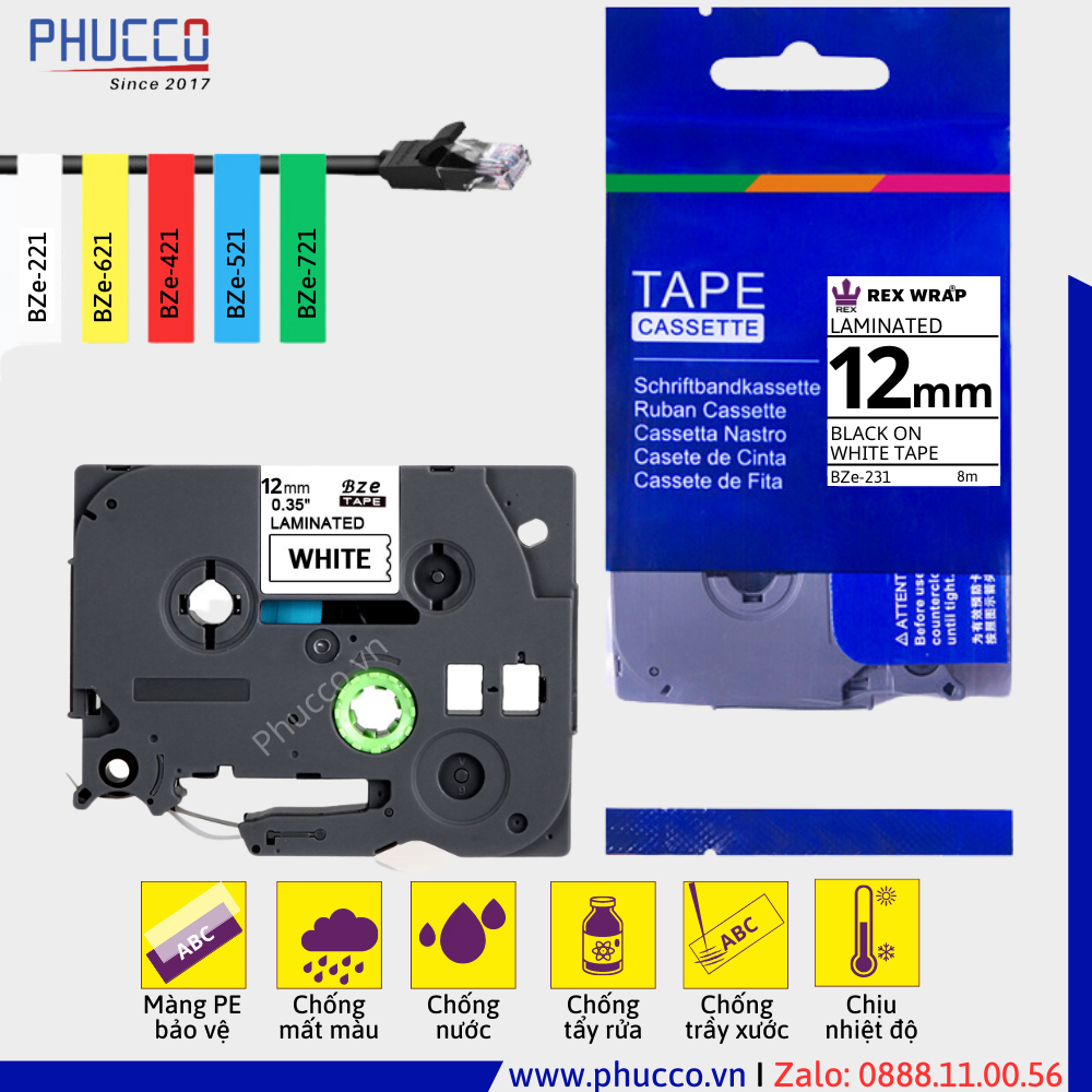 กระดาษพิมพ์ฉลาก - ป้ายพิมพ์ BZe-231 (TZe-231, TZ2-231, HZe) 12mm x 8m ข้อความสีดําบนพื้นหลังสีขาว