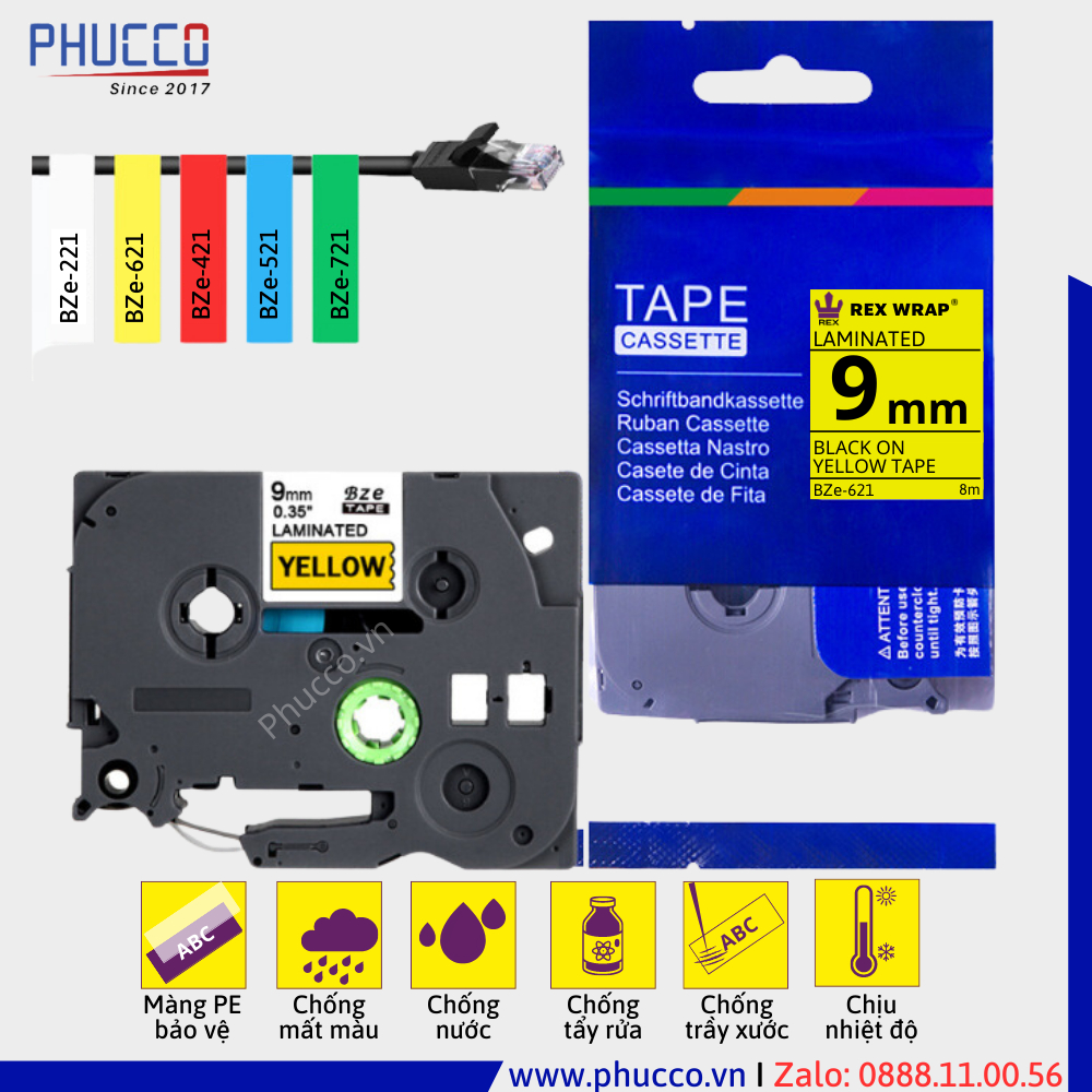 [แถมเครื่องพิมพ์] กระดาษพิมพ์ฉลาก - ป้ายพิมพ์ BZe-621 (TZe-621, TZ2-621, HZe) 9mm x 8m ข้อความสีดําบ