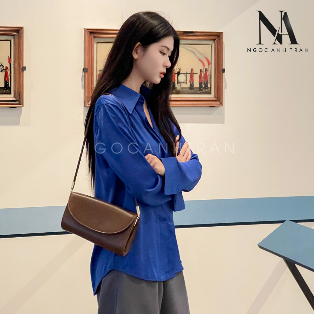 เสื้อเชิ้ตแขนยาวผู้หญิง เอ็มเอ็นจี ที่ยอดเยี่ยมผ้าไหมและลินินมันวาวใน 2 สีสีเขียวและสีฟ้าโคบอลต์สไตล์วัยรุ่นและบุคลิกภ