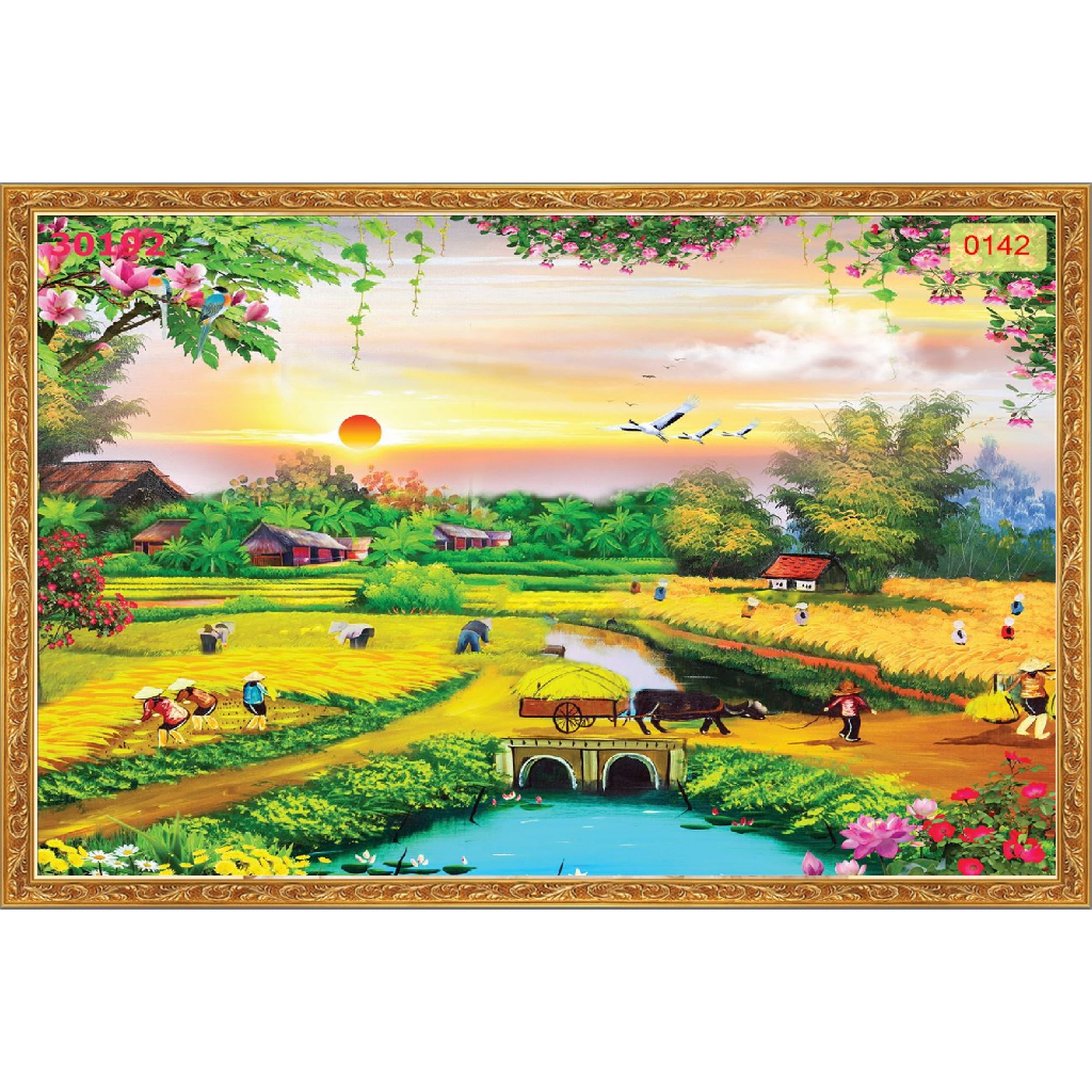 ภาพวาดผนังผ้าไหม 5D ของภูมิทัศน์ประเทศพร้อมการขึ้นรูปสีทองเลียนแบบ ขนาด 0.9m x 0.6m (รวมกาวฟรี)