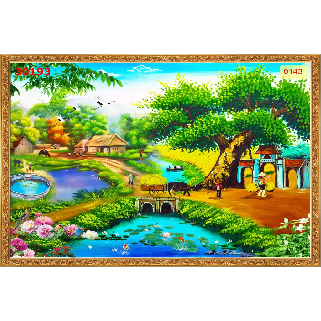 ภาพวาดผนังผ้าไหม 5D ของภูมิทัศน์ประเทศพร้อมการขึ้นรูปสีทองเลียนแบบ ขนาด 0.9m x 0.6m (รวมกาวฟรี)