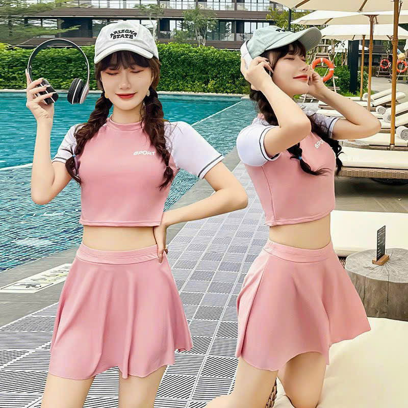 ชุดว่ายน้ํา บิกินี่ เสื้อแขนกุด กระโปรงมีบุคลิก กางเกงกีฬาสีชมพู ฟ้า ดํา