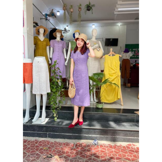 ชุดเดรสผ้าลินินแขนสั้นแฟชั่นออกแบบโดย Mevi_V8092