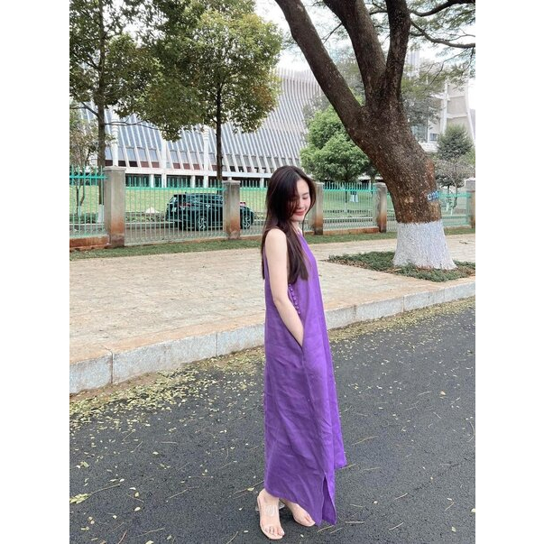 เดรสแขนกุดผ้าลินินแฟชั่น สีม่วง Mevi_V6217