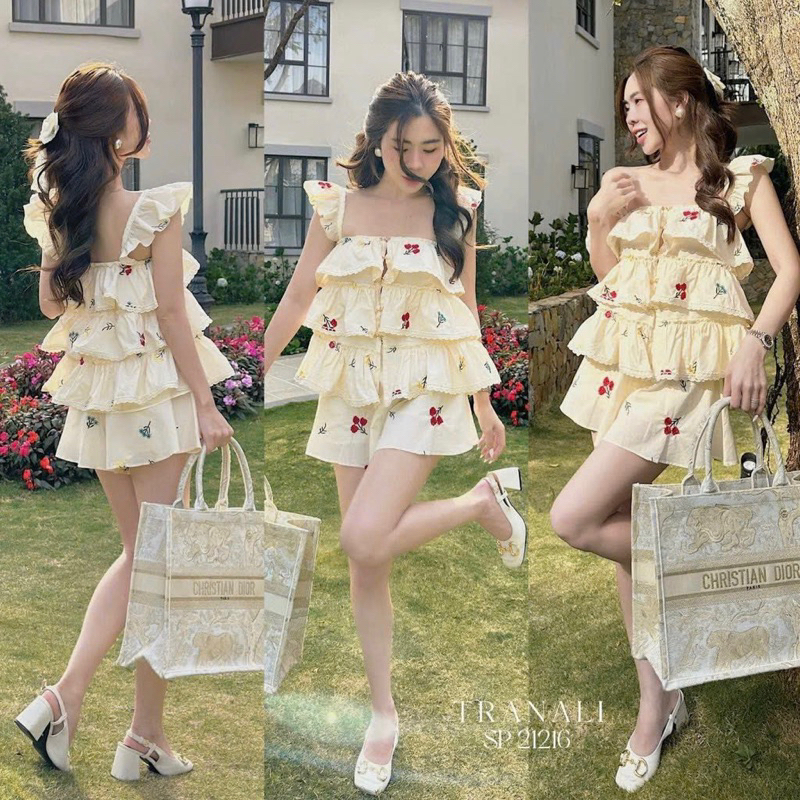 Bigsizetix ชุด 2 ชิ้น เสื้อระบาย 2 ชั้น พิมพ์ลายดอกไม้ + กางเกงขาสั้นน่ารัก 50-90กก