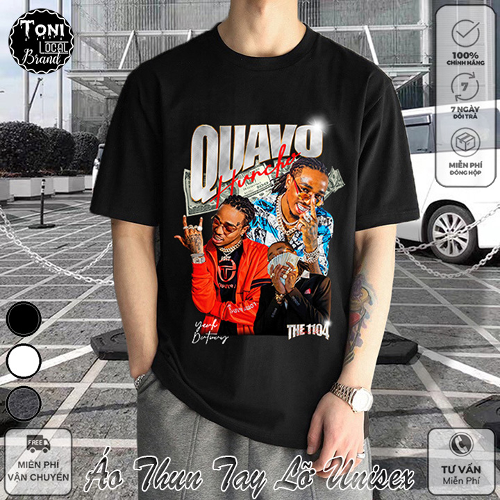 Local Brand QUAVO Cotton 100 Loose Sleeve T-shirt for Unisex Men and Women (AT1300L - Full Box - Rea