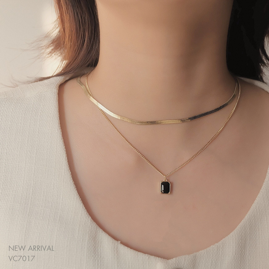 OWL HOUSE สร้อยคอผู้หญิง Double Layer Hcn จี้หินสีเหลืองสีดํา 7017