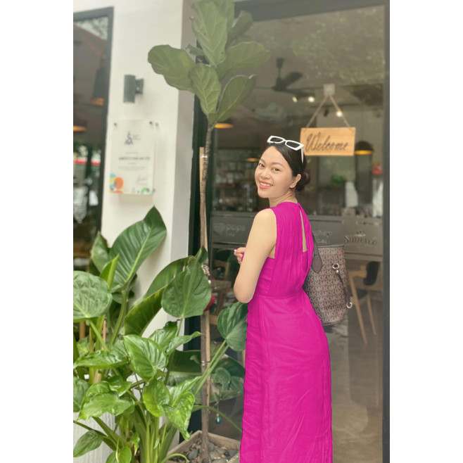 ชุดเดรสกันแดดผ้าลินินสีชมพูคุณภาพสูงพร้อมแฟชั่นคอกลมและเปลือยหลัง Mevi_V6205