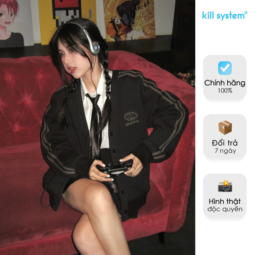 Kill System คาร์ดิแกนทรง boxy Sohee สีดํามีโลโก้ K ผ้าสักหลาดผ้าฝ้ายสไตล์ unisex