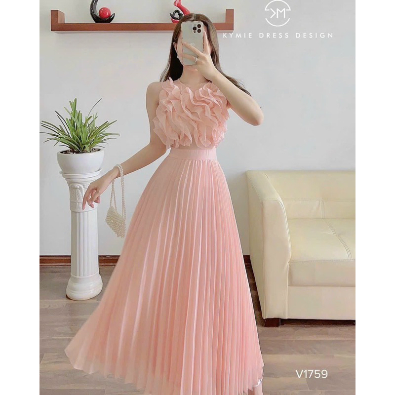 ชุดเดรสแฟชั่นผู้หญิงใส่ออกไปข้างนอกผ้าชีฟองคุณภาพสูงลูกไม้แขนม้วนเอวบานกระโปรงจีบยาว