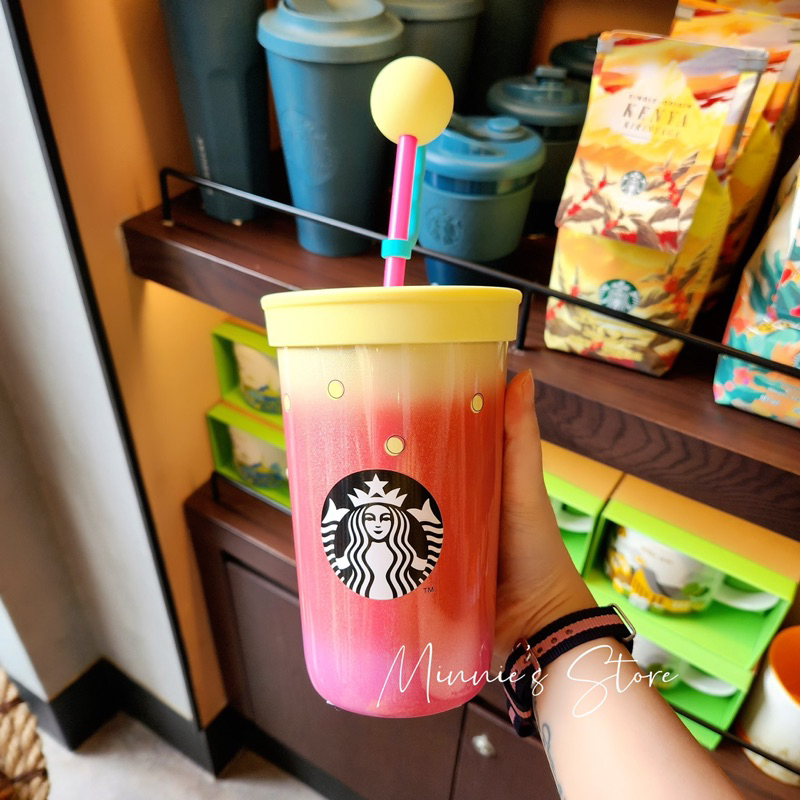 Starbucks Cold Cup Stainless Steel Gradient Yellow To Pink With Stopper 16Oz ( 473มล . )