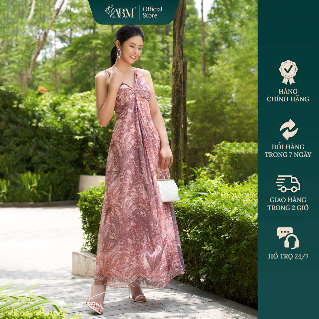 ABM FASHION HONEY Long 2-Strap Maxi Dress คอลึกและทรงบาน ยาว 145 ซม. รวมลายพืชในผ้าชีฟองสุดเท่