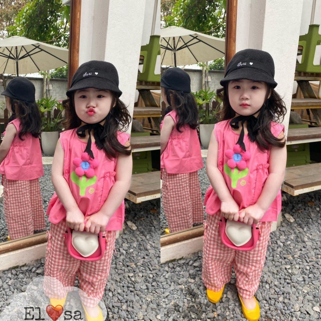ชุดเด็กผู้หญิง - ชุดเสื้อผ้าเด็กผู้หญิงดอกไม้โฟม ผสมกางเกงลายตารางหลวมน่ารักสําหรับลูกน้อยของคุณ