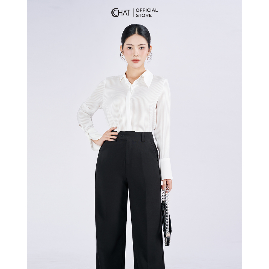 เสื้อเชิ้ตผู้หญิงคอปกปิดทรงตรงนุ่มผ้าชีฟองคุณภาพสูง 53fdv8023เซนต์