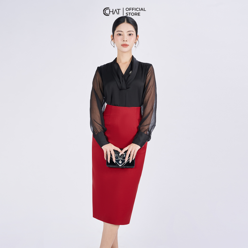 เสื้อเชิ้ตสตรีทรงตรงคอปกและแขนสามในผ้าไหมคุณภาพสูง 53ADL8003ST