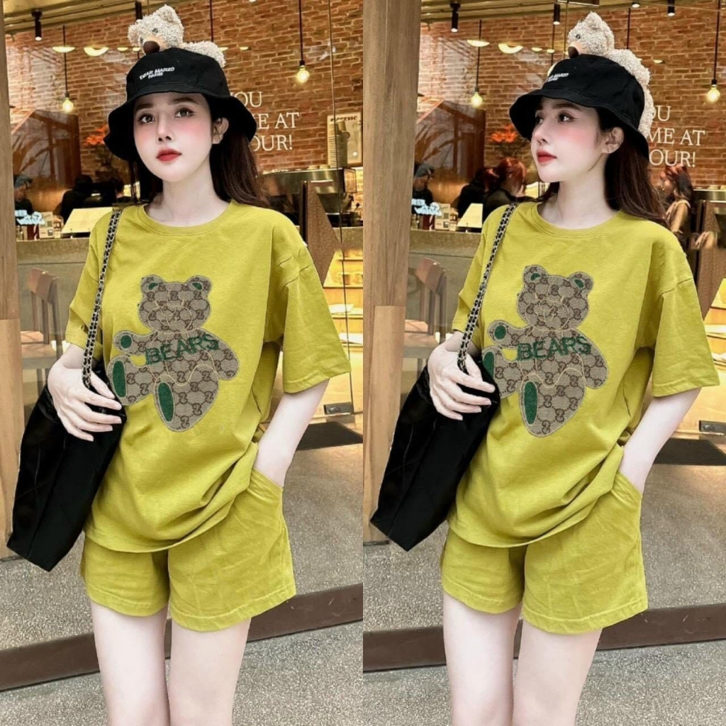 ชุดราคาถูกสวยชุดใส่อยู่บ้านทรงหลวมผ้าฝ้ายฤดูร้อนเรียบง่ายสําหรับผู้หญิงไซส์ใหญ่40-75กิโลกรัม-พิมพ์ลายหมีสีน้ําตาล